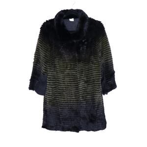 Two-Tone Authentic Mink Long Line Coatigan Sweater Black Green Stripe Women's M